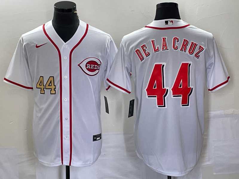 Mens Cincinnati Reds #44 Elly De La Cruz Number White Cool Base Stitched Baseball Jersey